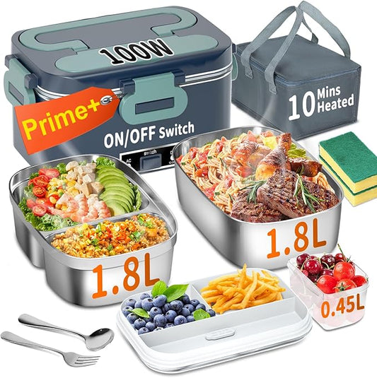 Electric Heated Lunch Box for Adults, 100W 3-IN-1 2 Pack 1.8L Containers Heating Lunch Box for Men Portable Double Layer, Fast Heated Food Warmer,12V/24V/110V for Car Truck Office Home