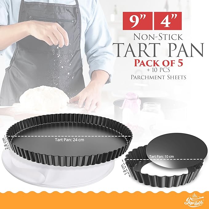YUMTART Bundle Pack 9" and 4" Mini Tart and Quiche Pan Combo, False Bottom, Deep Fluted Tart and Quiche with Removable Bottom - Non-Stick