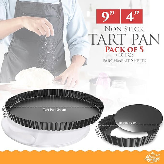 YUMTART Bundle Pack 9" and 4" Mini Tart and Quiche Pan Combo, False Bottom, Deep Fluted Tart and Quiche with Removable Bottom - Non-Stick
