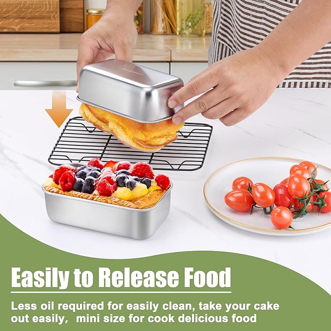 P&P CHEF Mini Loaf Pans Set, 8 PCS Small Bread Loaf Pan for Baking, 6.3 x 3.5 Inch Stainless Steel Baking Pans for Homemade Bread, Meatloaf, Cake and Brownies, Healthy & Non Toxic, Dishwasher Safe