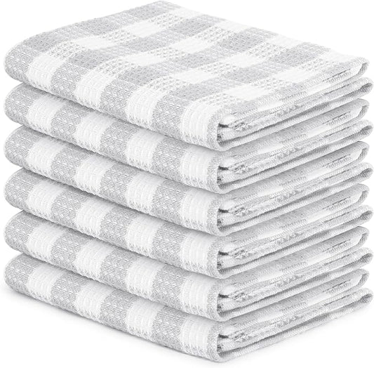 Blue Needles Waffle Weave Check Plaid Kitchen Towels, 15x25 Inches 100% Cotton Set of 6 Dish Towels for Kitchen, Soft & Absorbent for Quick Drying with Hanging Loop Spring Summer - Ash Grey & White