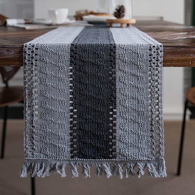 Alynsehom Macrame Table Runner Grey Boho Table Runners with Tassels Hand Woven Cotton Table Runner Rustic Farmhouse Table Runners for Bohemian Kitchen Dining Table(12x36in)