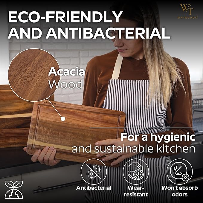 WATEGOOS 2 Pack Acacia Wood Cutting Board for Kitchen Meal Prep & Serving - Large & Small Chopping Boards Set with Juice Grooves - Charcuterie & Chopping Butcher Block - Eco-Friendly Wood for Gift