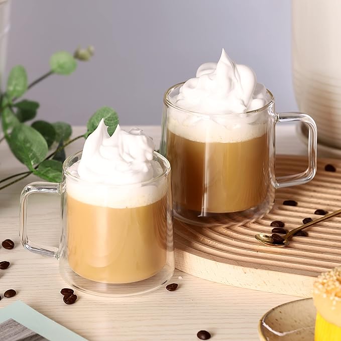 CNGLASS Double Walled Glass Coffee Mugs,15oz(1-pack) Insulated Glass Mugs with Handle,Clear Espresso Cups for Latte,Cappuccino,Tea Bag