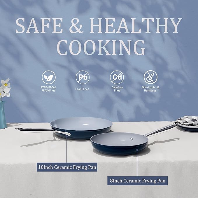Nonstick Ceramic Frying Pan 8 inch for All Cooktops, PTFE/PFOA/PFAS Free, Even Heat Distribution Oven Safe up to 500°F, Healthy Non Toxic Skillet with Stay Cool Handle, Navy Blue