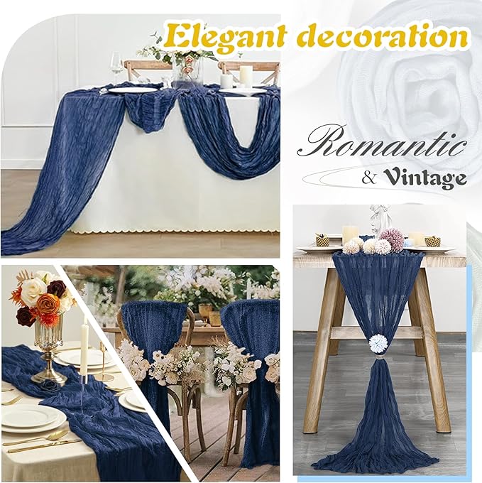 Navy Blue Cheesecloth Table Runner 2 Pack 35" Boho Gauze Table Runner 120 inches Long Runner Rustic Sheer Fabric Bulk for Baby Shower Wedding Bridal Birthday Party Table Decorations
