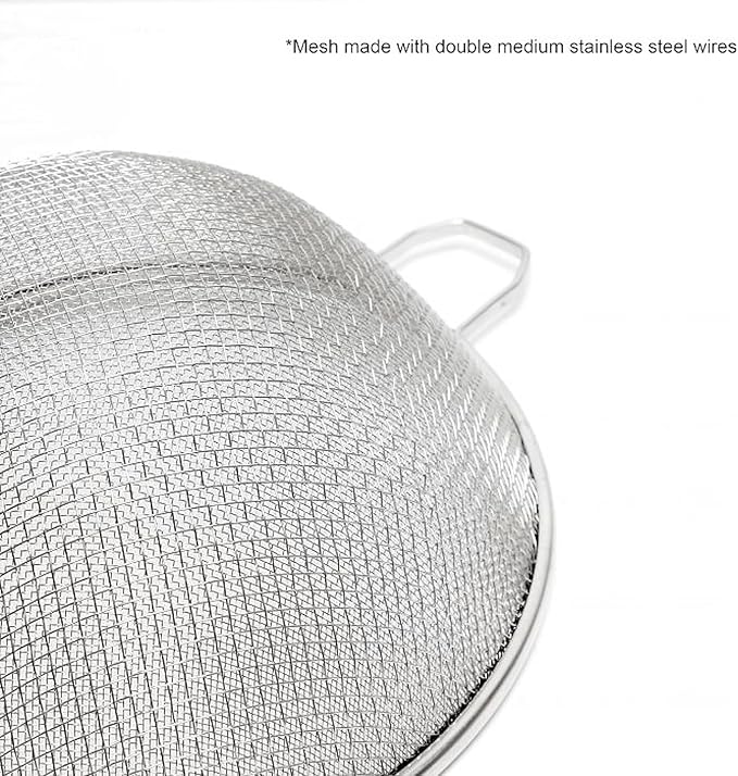 TrueCraftware- 10-Inch Double Medium Mesh Strainer Stainless Steel 10-3/4" Handle Length Black Plastic Handle- Kitchen Utensil Food Strainer Skimmer Spoon for Cooking Sieve Sifters Pasta Fruits