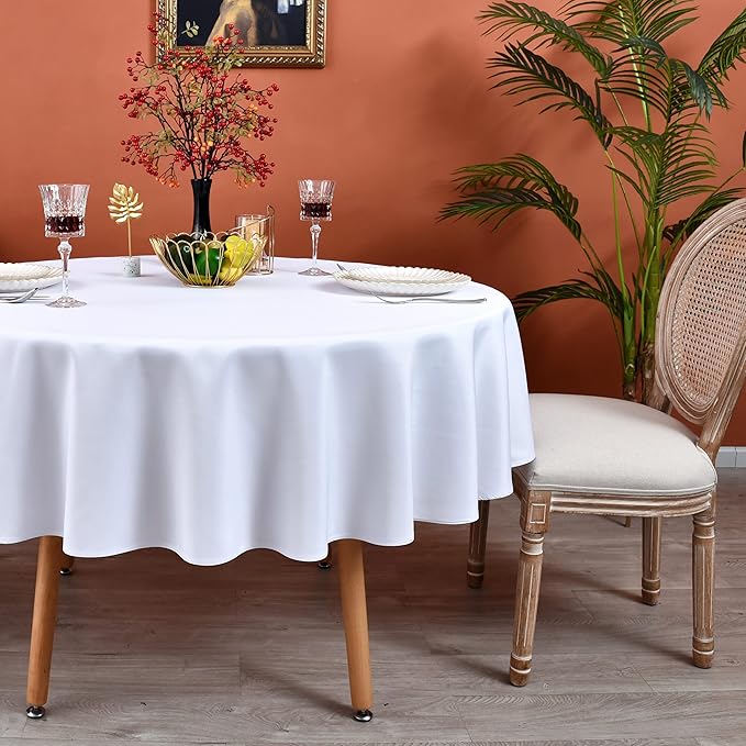 MEANMOY White 210 GSM Water & Stain Resistant Round Tablecloth for Circle Table - Solid Small 48 Inch Table Cloth Cover in Wrinkle Free Durable Washable Polyester Fabric for Wedding, Party, Banquet