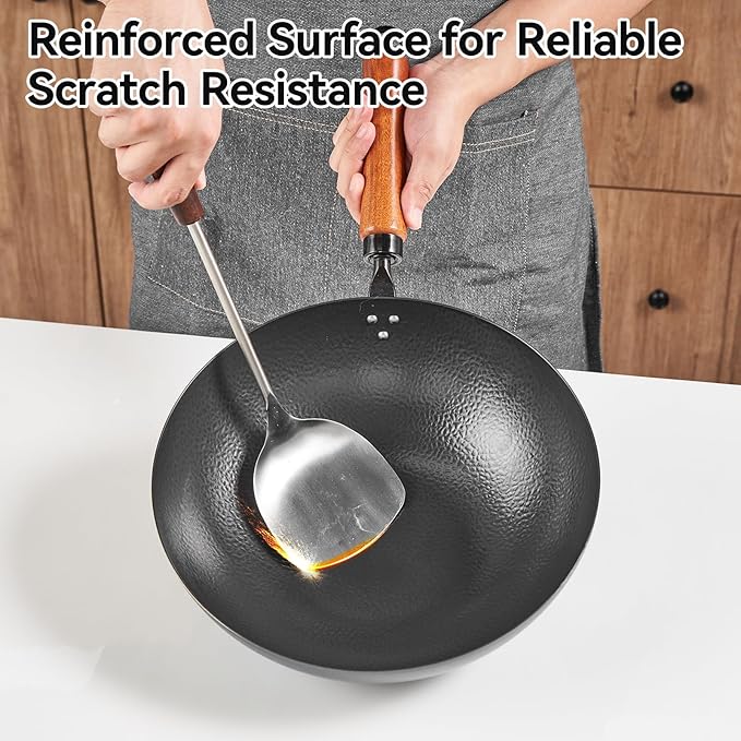 VIVIDCOOKWARE 11 Inch Round Bottom Wok, Cold-Forged Iron Wok with Glass Lid, Carbon Steel Wok with Wooden Handle, Heavy-Duty Stir Fry Pan for Gas Stoves and Round-Bottom Induction Stovetop