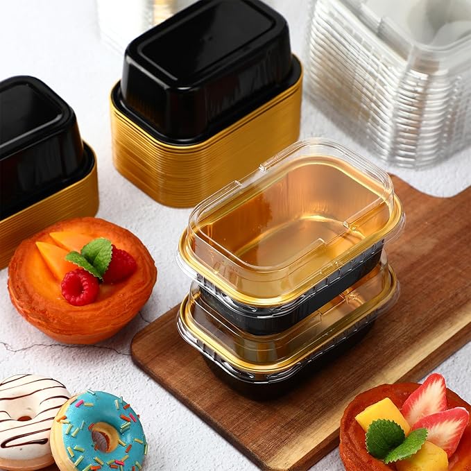 Vesici 100 Sets Mini Loaf Pans with Lids, 5.7 oz Disposable Aluminum Foil Baking Cups, Rectangle Cake Pans for Pudding Desserts Muffin Baking Storage Valentines Wedding Birthday Party(Black Gold)