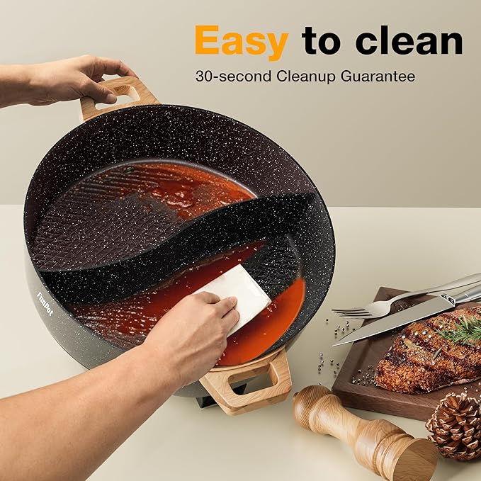 FunPot Electric Twin Compartment Hot Pot with Divider, Diamond grid embossed base, 1350W Temperature control, Large 6-Litre Capacity, Compact Woodgrain handles with Hollow Design