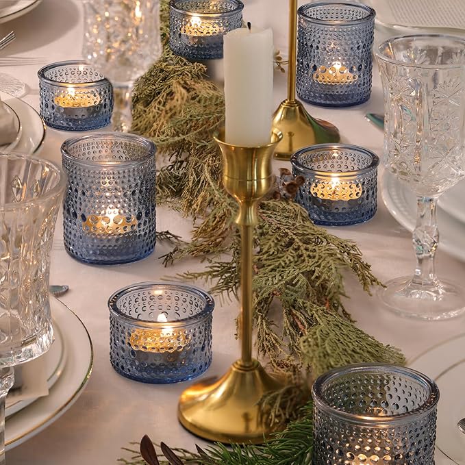 Blue Glass Votive Candle Holders Set of 24, Assorted Heights Polka Dot Tealight Candle Holders for Table Centerpiece, Blue Candle Holder Decor for Wedding, Baby Shower Party & Spa