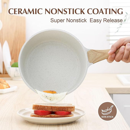 SENSARTE White Ceramic Nonstick Saucepan with Lid 1.5 Quarts, Small Cooking Pot with Stay Cool Handle, Induction Compatible Saucepot, White Granite Coating, Free of Intentionally Added PTFE/PFOA/PFAS