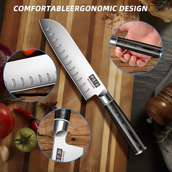 MDHAND Chef Knife Set with Roll Bag, 9PCS Professional Knife Sets with Sharpener, High Carbon Stainless Steel Japanese Kitchen Knives - Black Pakkawood Handle, Dishwasher Safe, For Cooking, Chef Gifts
