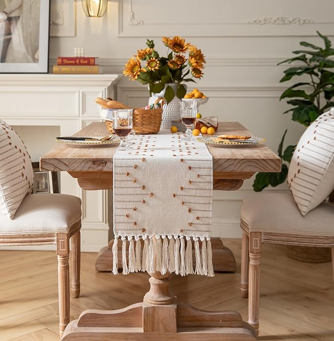 Boho Table Runner 13 x 72 Inch Long Natural Cotton Woven Runner with Tassels for Home Dining Table décor, for Modern Farmhouse Decor Coffee Table Runner, Brown and Beige