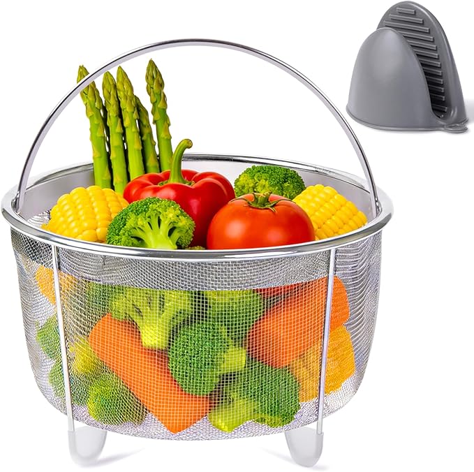 Steamer Basket for Instant Pot, Stainless Steel Vegetable Steamer Basket insert for 6 qt or 8 quart, Instant Pot Accessories, Stainless Steel Strainer Insert with Silicone Glove, Metal Egg Basket