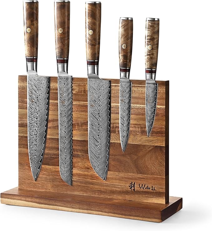 Wakoli Damascus Chef Knife Set with Magnetic Block – 5-Piece Professional Kitchen Knife Block Set, Genuine 67-Layer Damascus Steel Blades with VG10 Core & Ergonomic Sycamore Wood Handles