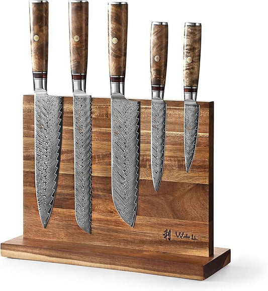 Wakoli Damascus Chef Knife Set with Magnetic Block – 5-Piece Professional Kitchen Knife Block Set, Genuine 67-Layer Damascus Steel Blades with VG10 Core & Ergonomic Sycamore Wood Handles