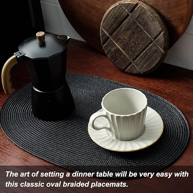 AHHFSMEI Placemats Set of 8 for Dining Table Washable Woven Non-Slip 18x12 inches Placemat Heat-Resistant Durable Table Mats for Dining Table Easy to Clean (Black, 8)