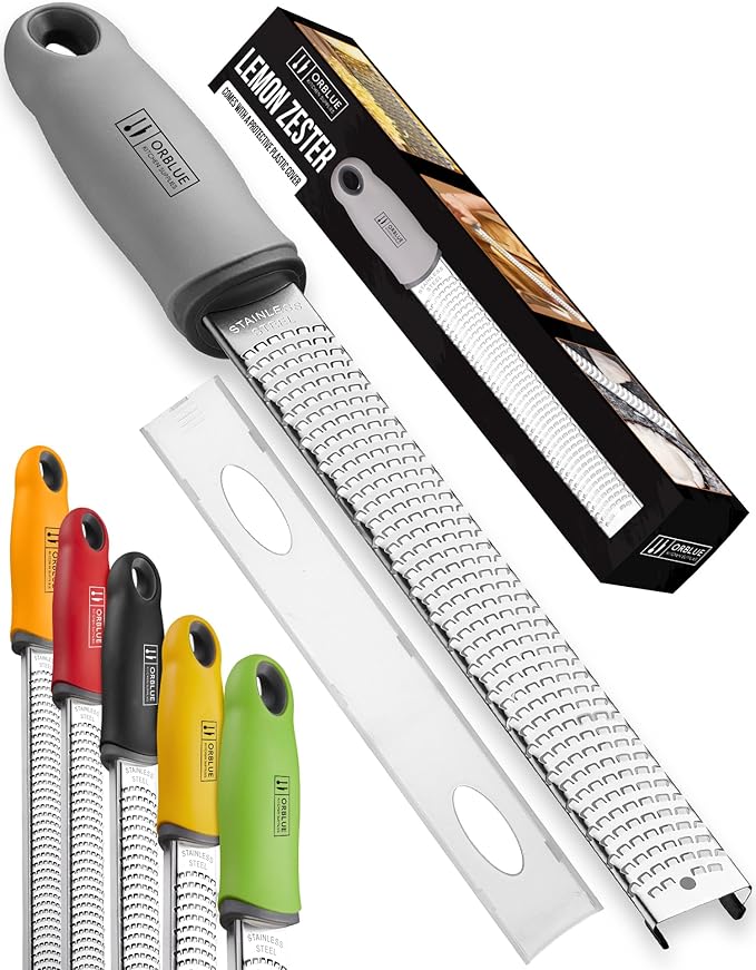 Orblue Lemon Zester & Cheese Grater - Premium Citrus Zester, Kitchen Grater for Parmesan, Chocolate, Fruits, Vegetables, Ginger, Garlic, Nutmeg - Stainless Steel Blades with Protective Cover, Gray