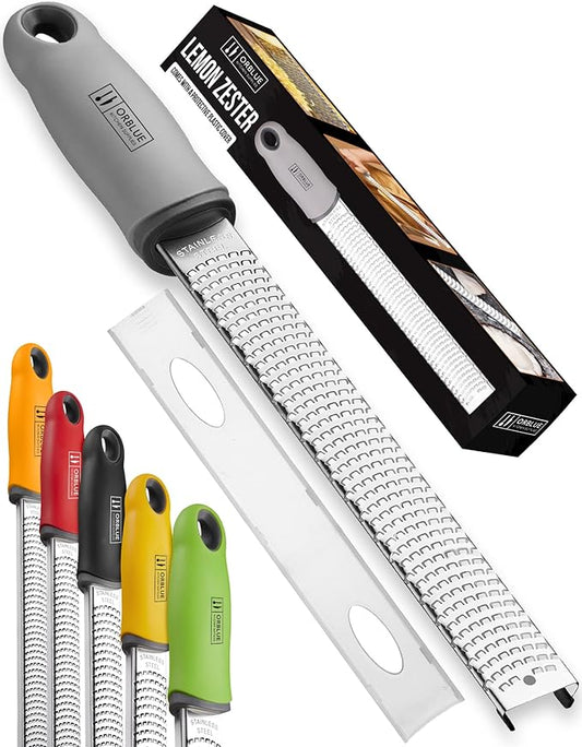 Orblue Lemon Zester & Cheese Grater - Premium Citrus Zester, Kitchen Grater for Parmesan, Chocolate, Fruits, Vegetables, Ginger, Garlic, Nutmeg - Stainless Steel Blades with Protective Cover, Gray