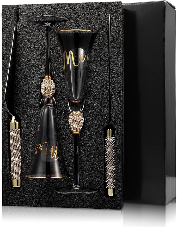 Boao 4 Piece Wedding Champagne Flutes and Cake Knife Server Set Crystal Mr and Mrs Toasting Flutes Rhinestone Cake Cutting Set for Bride and Groom Wedding Engagement Bridal Shower Gifts(Gold)