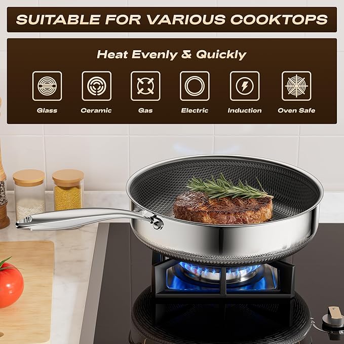ZEROPAN Frying Pans Nonstick with Lid,Hybrid Nonstick 5-Quart Deep Sauté Pan,PFAS PFOA PTFE Free,Stay-Cool Handle,12 Inch Deep Frying Pan Dishwasher-Friendly, Oven-Safe, Compatible with All Cooktops
