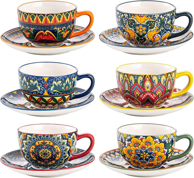 Henten Home 8.5 oz Cup with Saucers Set, Ceramic Coffee Mug Set of 6, Colorful Porcelain Cup for Latte, Tea, Cappuccino, Hot Cocoa, Espresso, Microwave & Dishwasher Safe