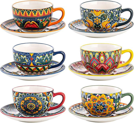 Henten Home 8.5 oz Cup with Saucers Set, Ceramic Coffee Mug Set of 6, Colorful Porcelain Cup for Latte, Tea, Cappuccino, Hot Cocoa, Espresso, Microwave & Dishwasher Safe