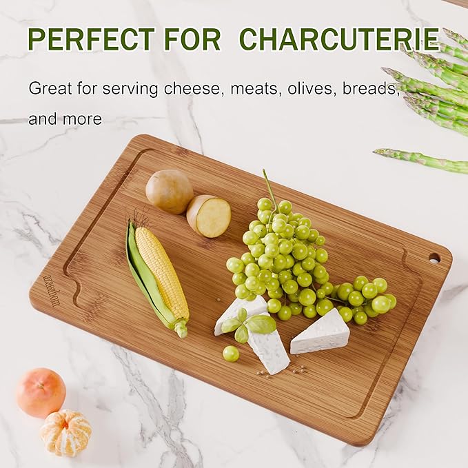 Bamboo Cutting Boards for Kitchen, 17" Large Wood Cutting Board with Juice Grooves & Built-in Handles, Easy Storage & Clean Chopping Board for Meat, Vegetables, Fruit