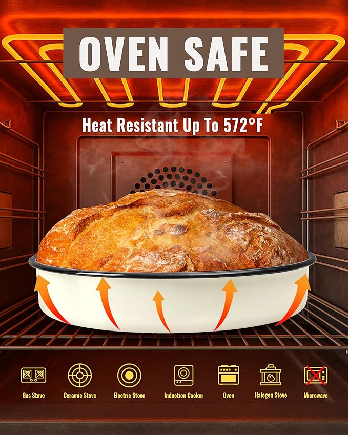 MCCSI Modern Round Enamel Roasting pan Deep Cake Pan Deep Dish Design,Dishwasher Safety (Creamy White, 10 inch)