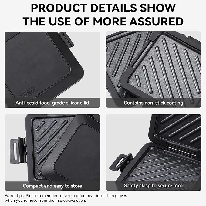 Microwave Toastie Sandwich Maker, Nonstick Plate Panini Maker, Versatile Wireless Small Toaster, Toastie Safe in Microwave Oven, Dishwasher Safe, Fast Cooking for Breakfast, Snacks, Black