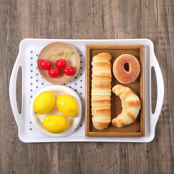 2 Pcs Large Rectangular Non Slip Serving Tray with Handles, Silicone Gripping Nubs Lap Food Trays for Eating, Dishwasher Safe Serve for Dinner Snack Fruit Dessert Beverage, Rectangular(White)