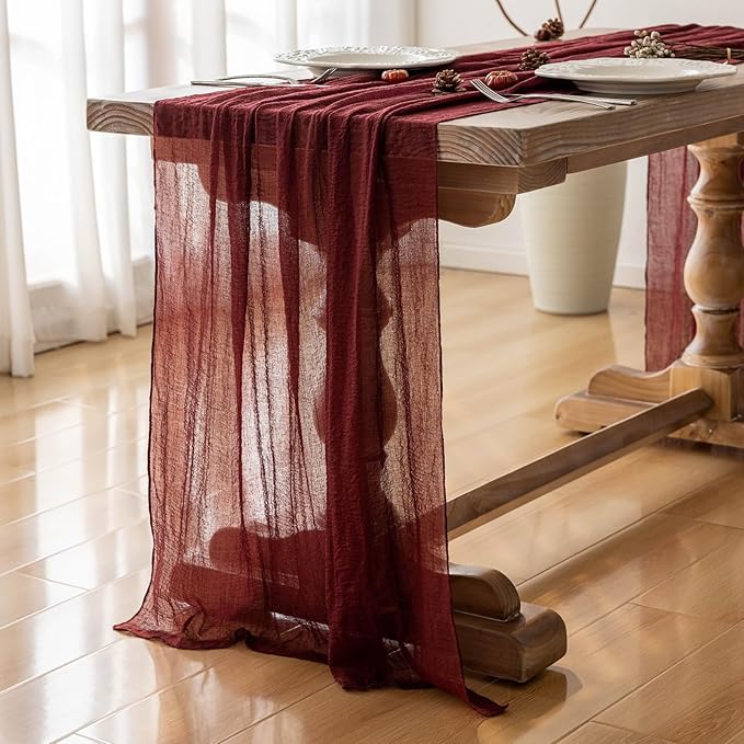 Keketoarrange Burgundy Table Runner Valentines Decor Red Cheesecloth Gauze 120 Inch 10 FT Rustic Boho Cheese Cloth Runner for Wedding Baby Bridal Shower Party Long Sheer Spring Home Decorations