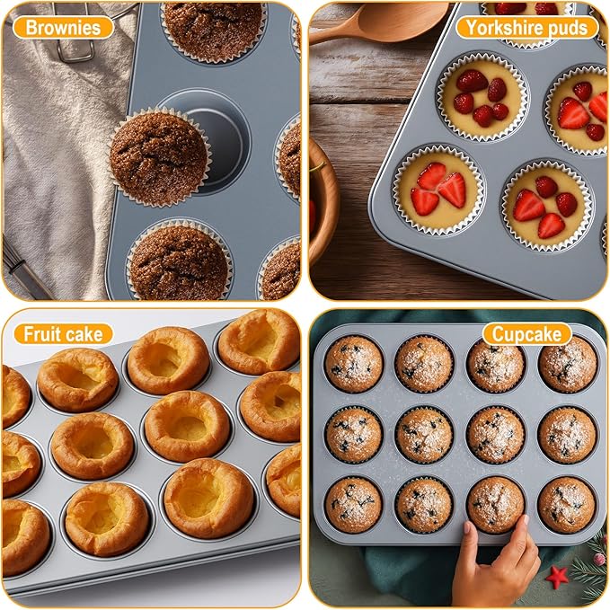 Acellegic 2 Set Mini Muffin Pans Carbon Steel Nonstick Bakeware for Oven Mini Cake Tart Quiche (12-cup&24-cup)