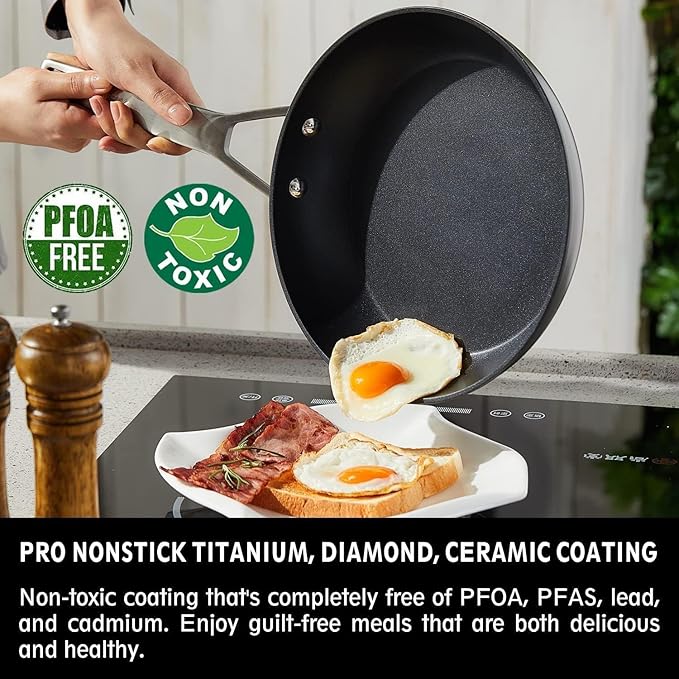 MsMk Non Stick Pans Set 7-Piece, 8, 10, 12 Inch Frying Pans and 12 Inch Induction Wok with Tempered Glass Lids, PRO Heat Distribution, Stay-Cool Handles, Oven Safe 700℉, Compatible with All Cooktops