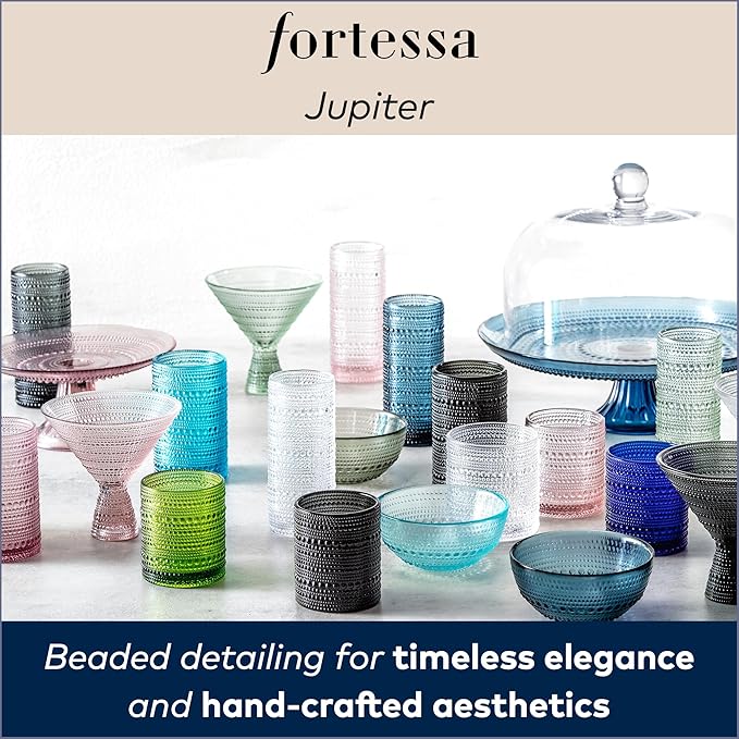 Fortessa Jupiter Beaded Hobnail Glass, 10 Ounce Double Old Fashioned (Set of 6), Lagoon Blue