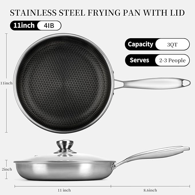 CADIVIZZO Stainless Steel Frying Pan with Lid - 11 Inch Nonstick Frying Pan with Lid, Honeycomb Stainless Steel Skillet Omelet Chef's Pan with Stay Cool Handle, Induction Compatible, PFOA Free