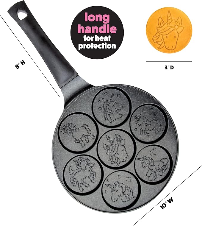 Unicorn Mini Pancake Pan- Make 7 Unique Flapjack Unicorns, Nonstick Pan Cake Maker Griddle for Breakfast Fun & Easy Cleanup, Girls Magical Treat, Dessert or Gift for Kid Party- Easy to Use Long Handle