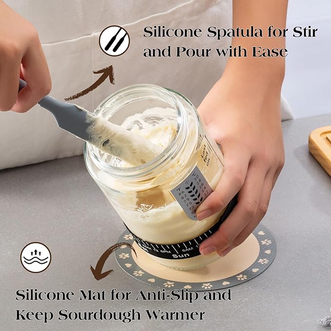 Sourdough Starter Kit,34oz Sourdough Starter Jar Glass with Sourdough Recipes Cookbook.Sourdough Bread Baking Supplies with Thermometer,Natural Wooden Lid, Anti-slip Mat,Sourdough Jar scraper (2 pack)