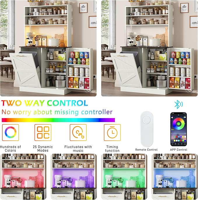 63" H Pantry Cabinets with 10 Gallon Trash Can,Led Light,Outlet,35" W Kitchen Hutch with Tilt Out Trash Can Cabinet,Farmhouse Cupboard with Large Countertop
