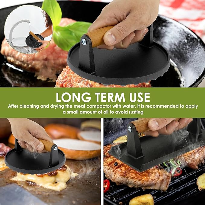 Cast Iron Grill Press with Ribbed Base, 2LB 7 Inch Round Smash Burger Press with Wood Handle, Heavy Duty Bacon Press & Meat Weight for Perfect Searing, Nonstick Kitchen Tool for Stovetop, Griddle, BBQ