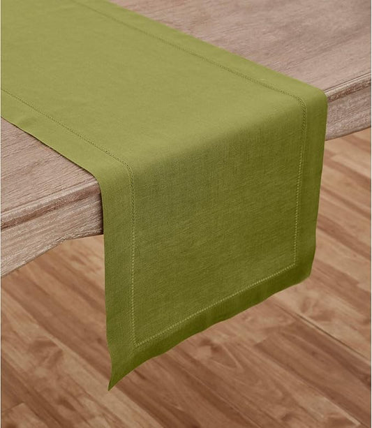 Solino Home Linen Hemstitch Table Runner 108 Inches Long - 100% Pure Linen Avocado Green Table Runner 14 x 108 Inch for Spring, Easter, St Patricks Day - Classic Hemstitch