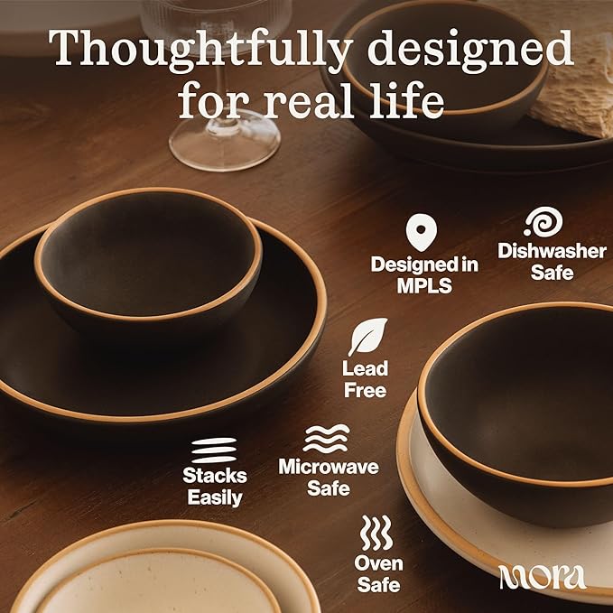 MORA Medium Dishes Set of 4, 30oz Ceramic Pottery Pasta Plate/Wide Bowls - Microwave, Oven and Dishwasher Safe - Oat
