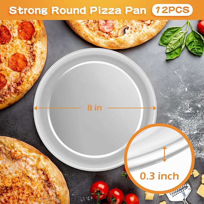 Bokon 12 Pcs 8 Inches Pizza Pan Bulk Restaurant Aluminum Silver Round Pizza Pie Cake Plate Anti Rust Tray for Oven Baking Home Kitchen Easy to Clean