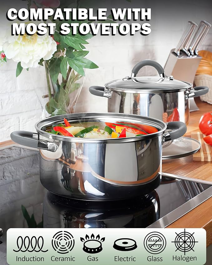 Cook N Home Stockpot with Lid, 8-Quart Basic Stainless Steel Pasta Cooking Soup Pot, Stay-Cool Silicone Handles