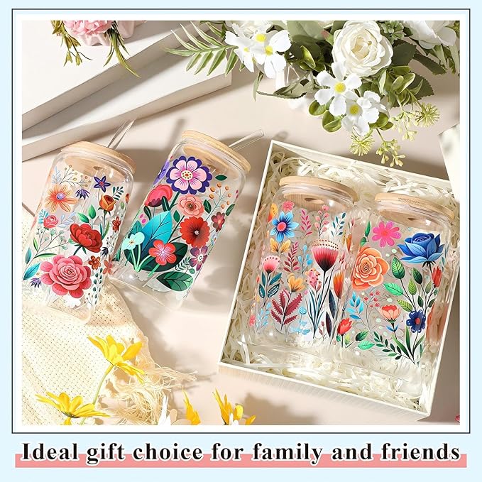 Mumufy Gift for Women Cute Glass Cup Tumbler Flower Iced Coffee Mugs 16 oz Glass with Bamboo Lid & Straw, Mothers Day Birthday Gift for Mom Sister Bridesmaid Baby Shower(4 Pack,Abstract Flower)