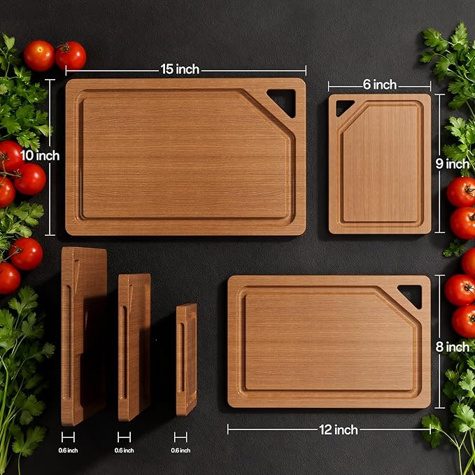 Bamboo Cutting Board Set with Holder，3 Packs Wood cutting boards with Non-Slip Rubber Padding, Deep Juice Grooves & Built-in Handles, Bamboo Chopping Boards Set for Meat, Vegetables and Fruits