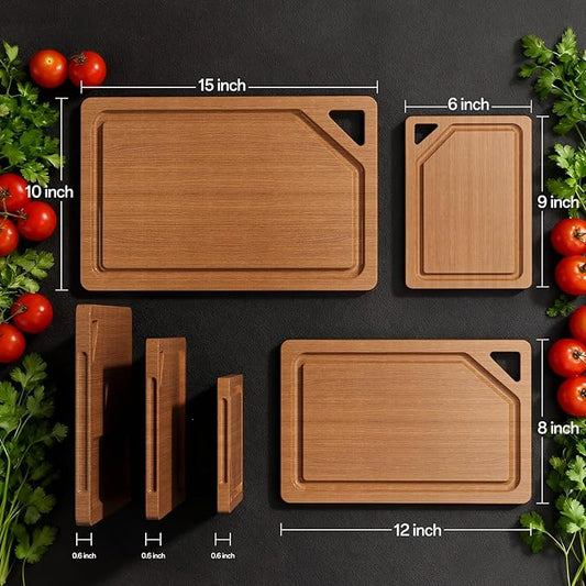Bamboo Cutting Board Set with Holder，3 Packs Wood cutting boards with Non-Slip Rubber Padding, Deep Juice Grooves & Built-in Handles, Bamboo Chopping Boards Set for Meat, Vegetables and Fruits