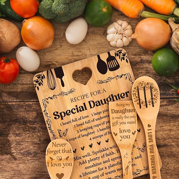 Gifts for Daughter - "Recipe for a Special Daughter" Daughter Birthday Gifts Cutting Board Set, Bamboo-Made Engraved Utensil Set Birthday Gifts for Daughter, Daughter Gifts